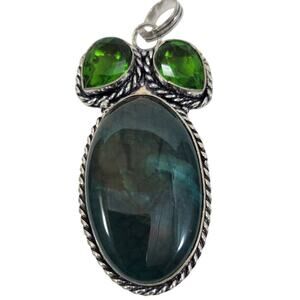 Silver Pendant with Labradorite and Green Quartz Gemstones in Handmade Setting